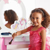 Kids wooden makeup dressing table set in pink with mirror, featuring a unicorn design and spacious drawer for storage.