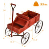 Wooden wagon plant bed in red with two planting sections and four wheels, ideal for garden or patio use.