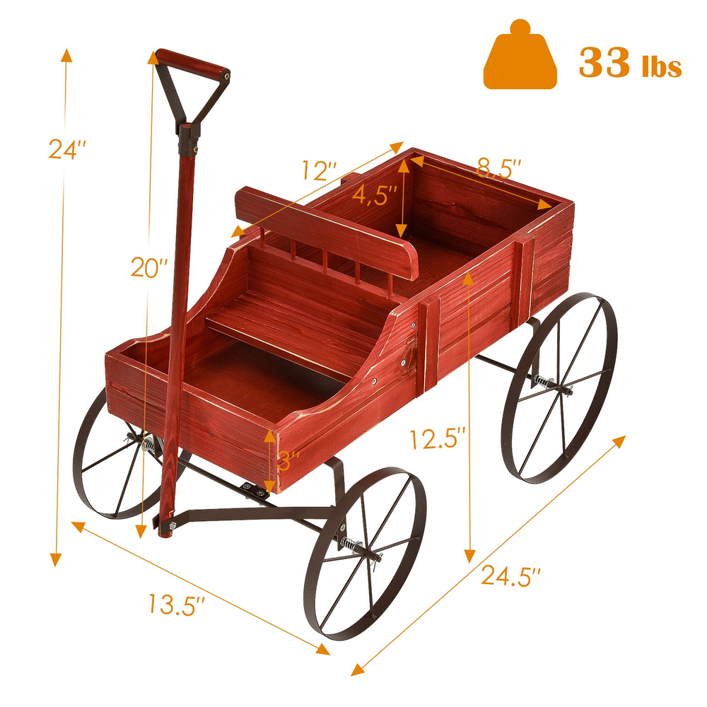 Wooden wagon plant bed in red with two planting sections and four wheels, ideal for garden or patio use.