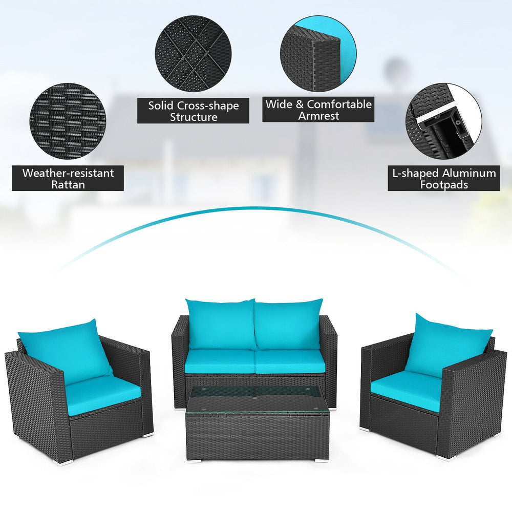 Turquoise cushioned patio furniture set featuring a durable PE rattan frame, wide armrests, and a tempered glass table.