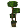 Artificial boxwood topiary tree with three trunks and square foliage, perfect for indoor and outdoor decoration.