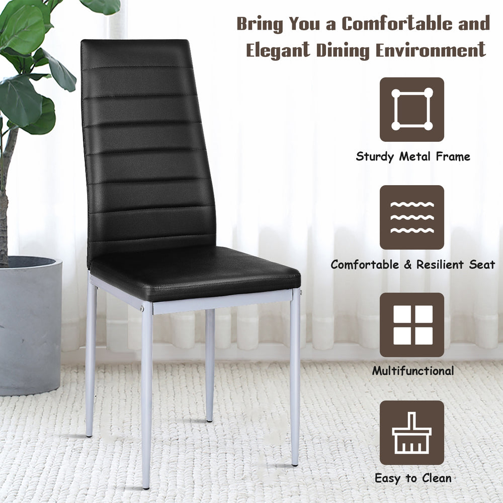 Black PVC leather dining side chair with painted steel legs, offering a modern and elegant design for stylish dining.