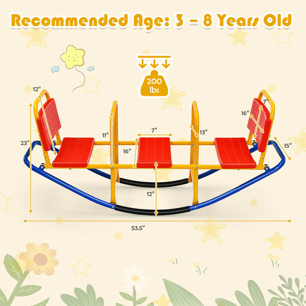 Outdoor kids seesaw swivel teeter in red with ergonomic seats, suitable for ages 3-8, supports up to 200 lbs.