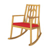 Acacia wood rocking chair with red cushion, featuring sturdy design and armrests, perfect for garden or deck relaxation.