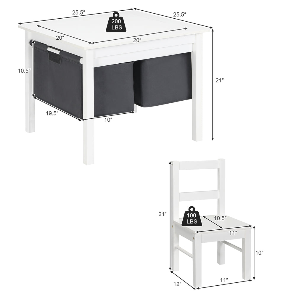 Kids activity table set with storage drawers, two chairs, and double-sided panel for building and drawing.