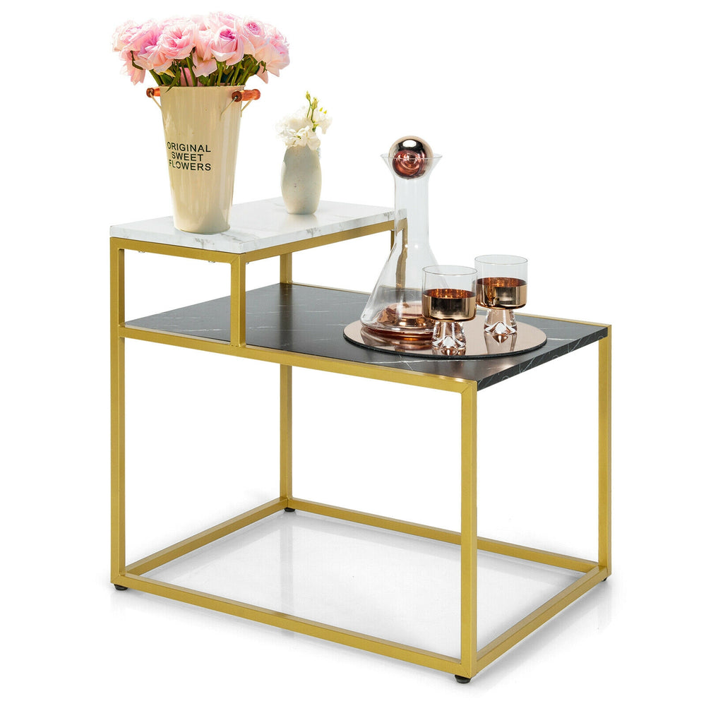 Two-tier end side table with metal frame and marble patterns, perfect for living room storage and decor.