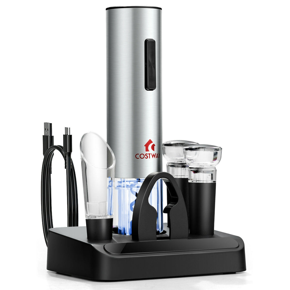 6-in-1 electric wine bottle opener set with stainless steel finish, foil cutter, and wine stoppers for easy serving.