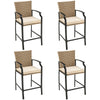 Set of four outdoor rattan bar stools with beige cushions, featuring a sturdy steel frame for poolside or garden use.