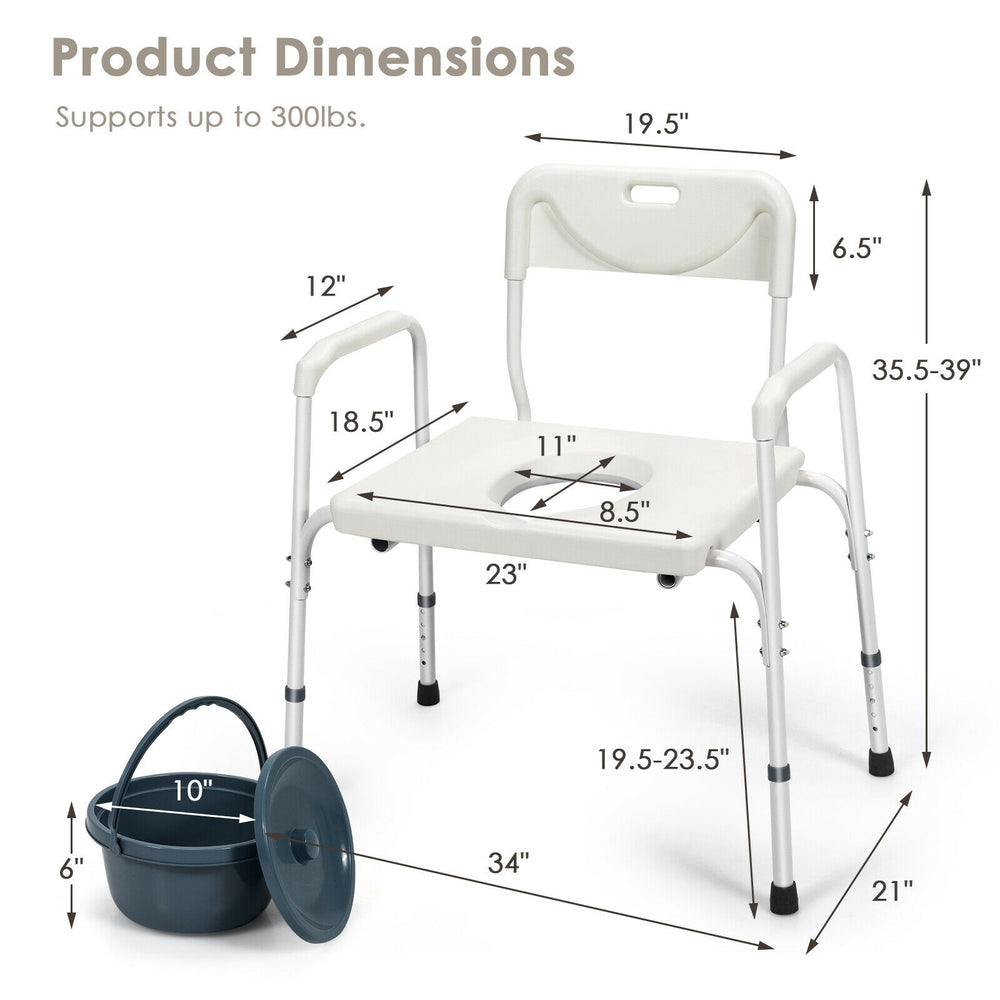 Adjustable height 3-in-1 bedside commode with removable bucket, sturdy iron frame, and comfortable armrests.