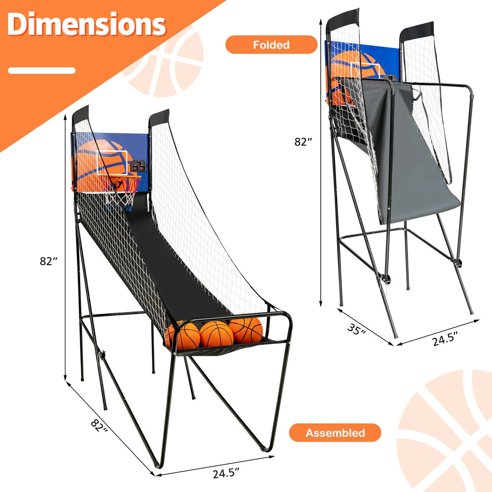 Foldable basketball arcade game with electronic scorer, includes 3 basketballs, perfect for solo play or gatherings.