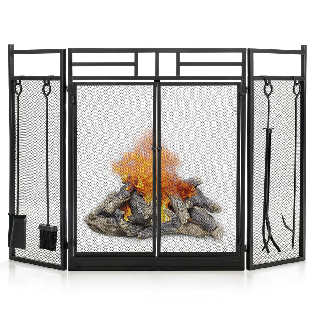 3-panel folding wrought iron fireplace screen with doors and tools set, designed for safety and durability, ideal for.