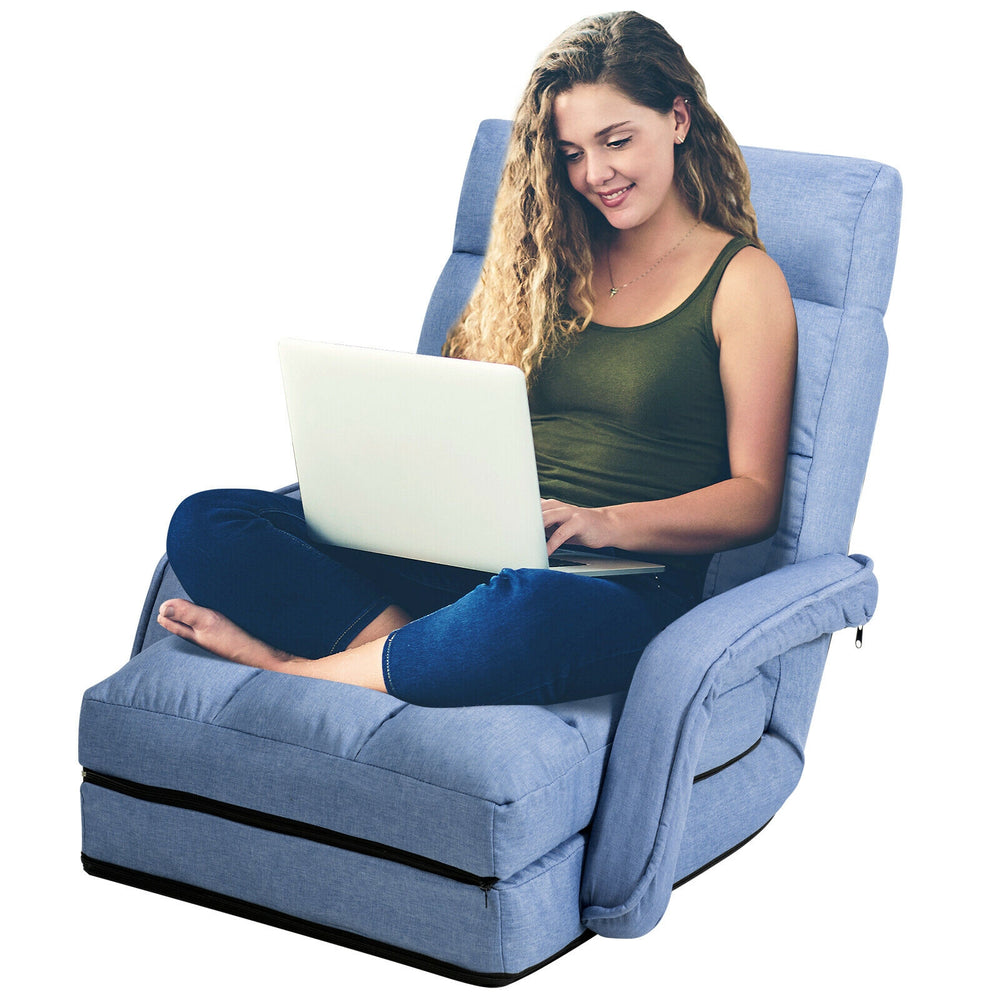Folding lazy floor chair sofa in blue with armrests and pillow, perfect for comfortable lounging or working.