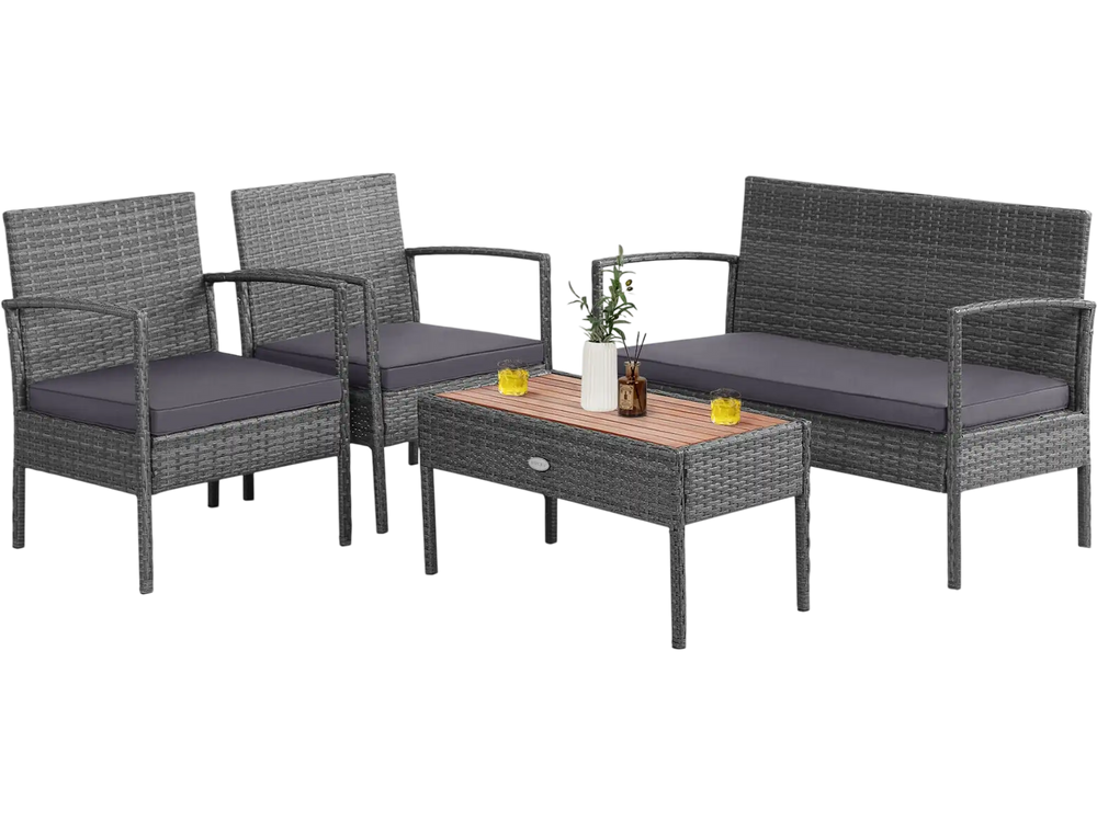 4 Pieces Rattan Patio Conversation Furniture Set with Acacia Wood Tabletop