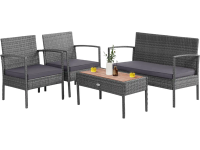 Costway 4-Pc Rattan Patio Conversation Furniture Set Acacia Wood Tabletop 01798264 New