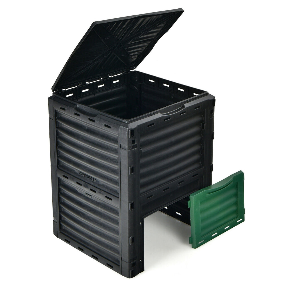 80-gallon outdoor composter with large open lid and bottom exit door for easy access and efficient composting.