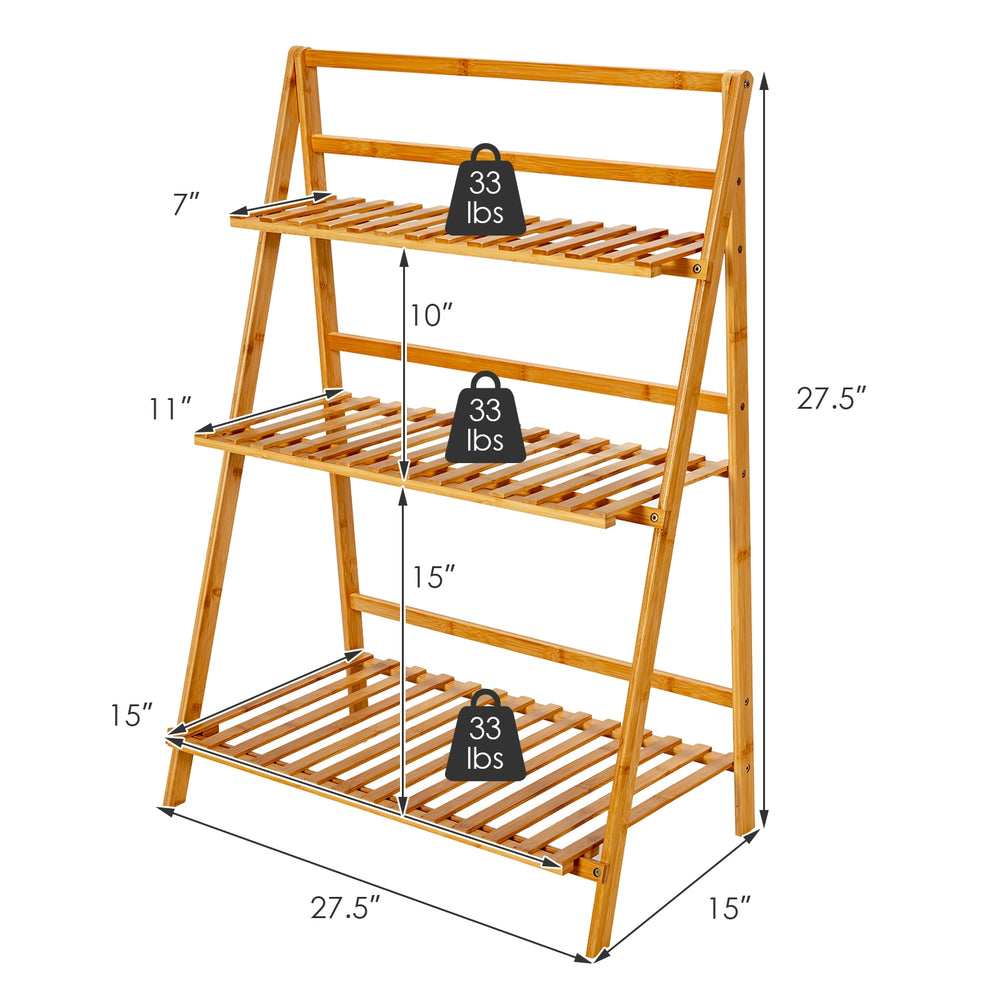 3-tier bamboo foldable plant stand with open shelves, showcasing a natural finish, ideal for indoor and outdoor use.