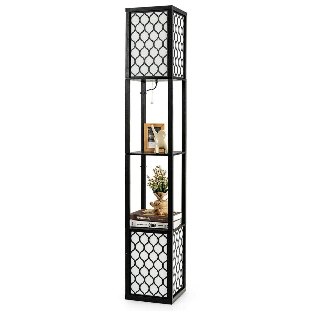 Freestanding floor lamp with storage shelf, featuring a modern design, double lamp pull chain, and foot switch for easy.