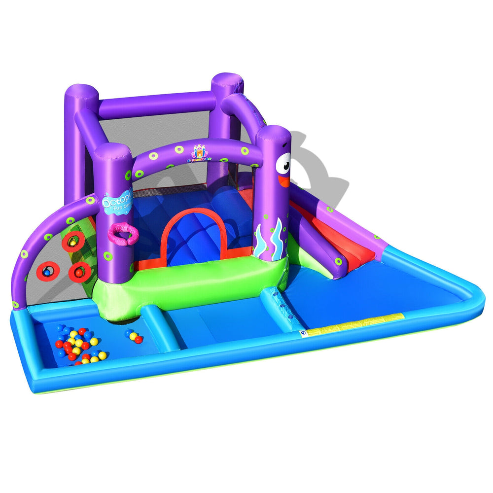 Inflatable water slide park with splash pool, trampoline, and octopus design for backyard fun with friends.