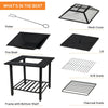 Fire pit dining table components including mesh cover, fire bowl, grill grate, and sturdy frame with bottom shelf.