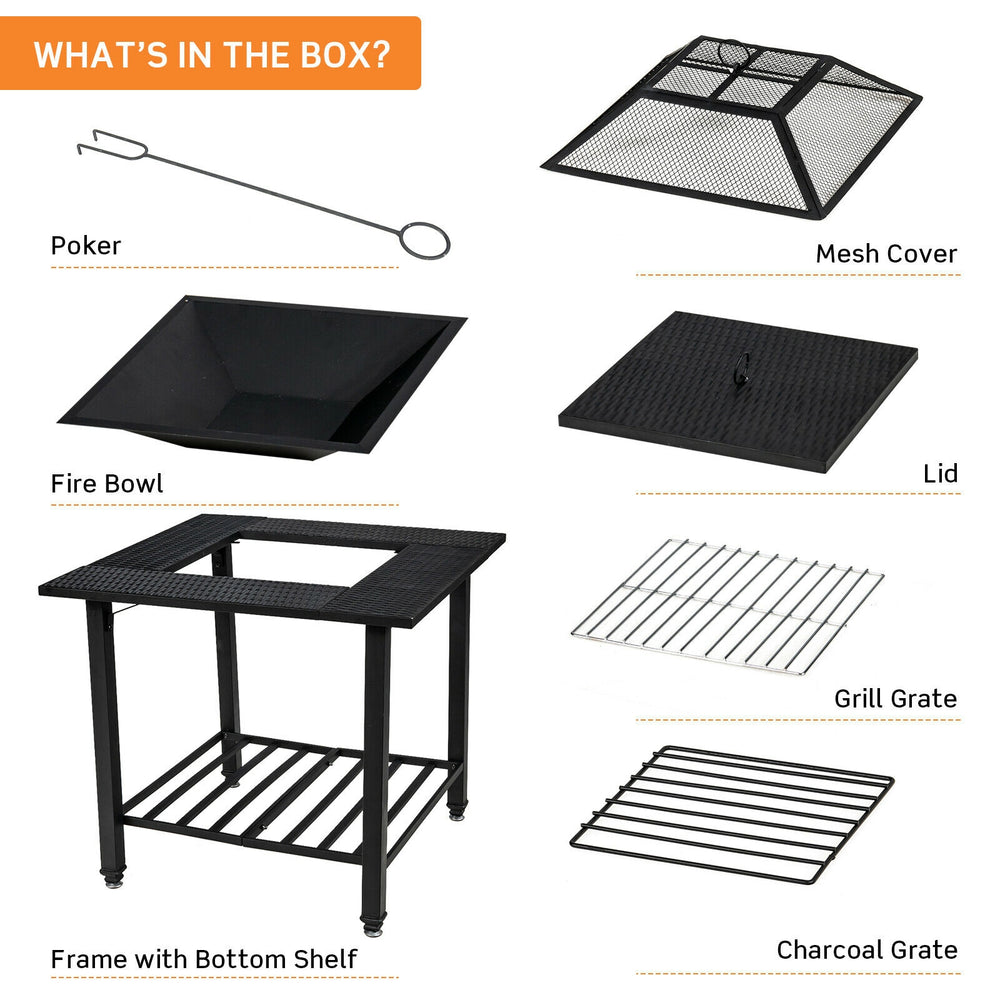 Fire pit dining table components including mesh cover, fire bowl, grill grate, and sturdy frame with bottom shelf.