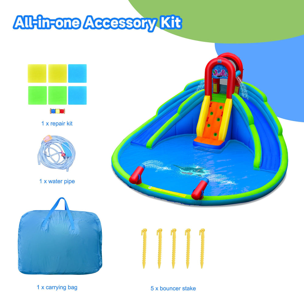 Inflatable waterslide bounce house featuring two slides, climbing wall, and splash pool, made of durable PVC-coated.