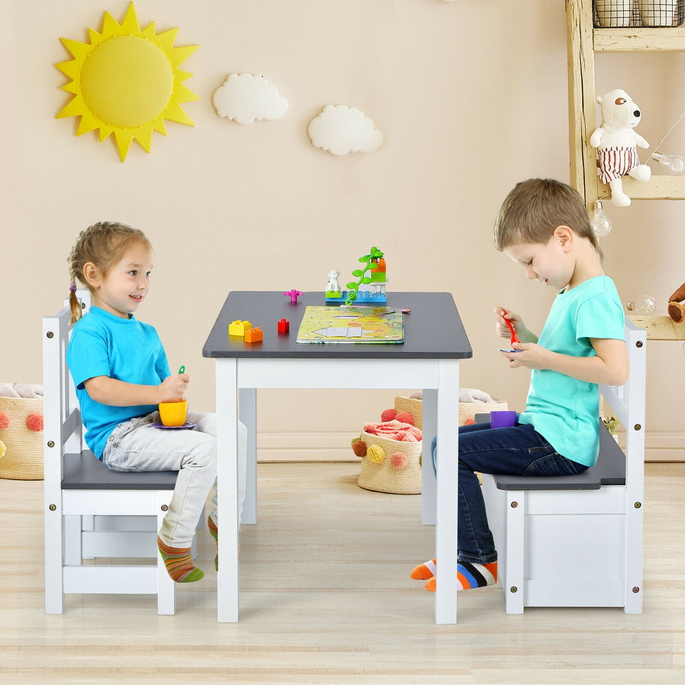 Kids wooden activity table and chairs set in gray, featuring storage bench, perfect for playtime and learning.