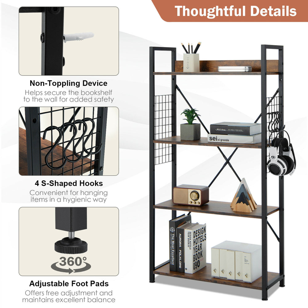 Industrial 4-tier bookshelf with adjustable shelves, 4 s-shaped hooks, and sturdy powder-coated steel for versatile.