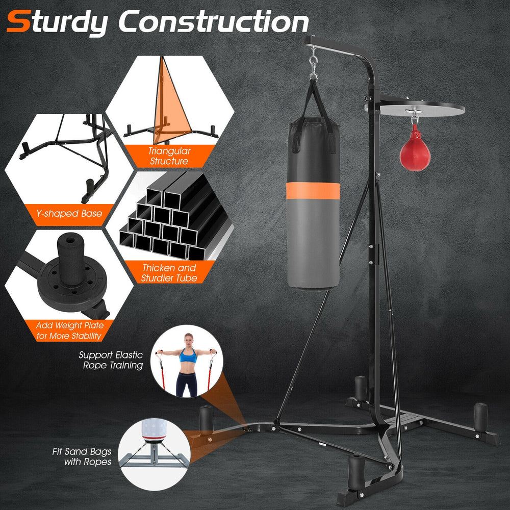 Heavy duty boxing punching stand with heavy bag and speed bag, featuring a sturdy steel frame and Y-shaped base for.