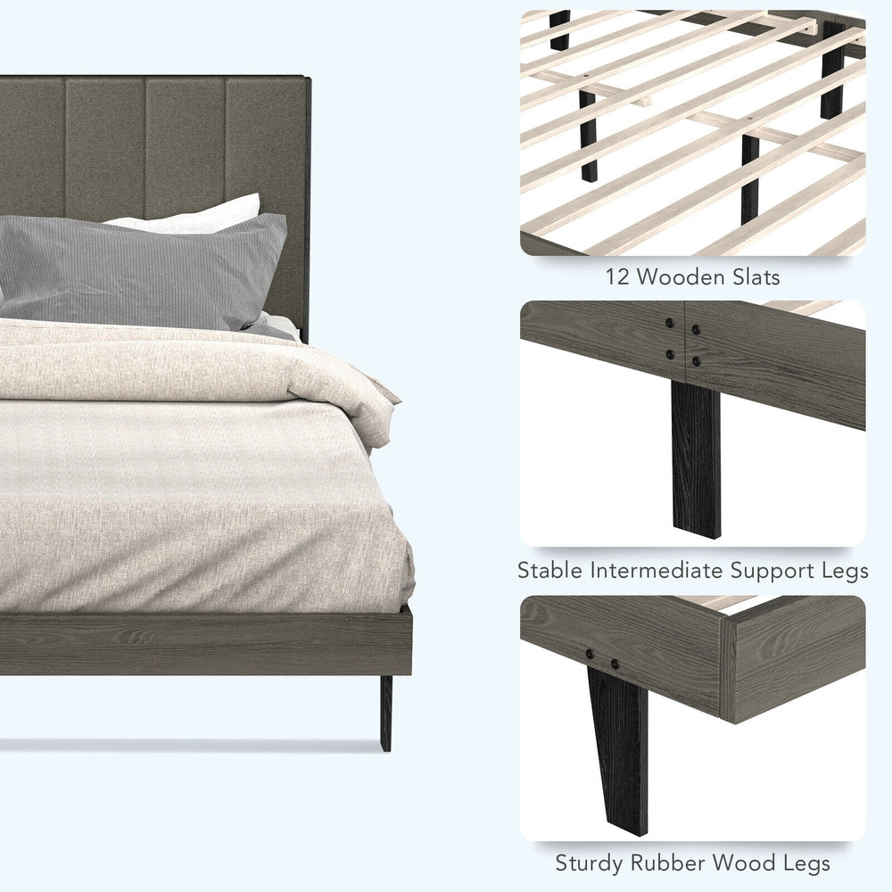 Queen size upholstered bed frame with tufted headboard, featuring 12 wooden slats and sturdy rubber wood legs for.