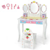 Kids vanity dressing table set with tri-fold mirror, chair, and storage drawers, perfect for makeup and creative play.