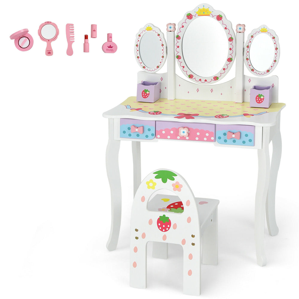 Kids vanity dressing table set with tri-fold mirror, chair, and storage drawers, perfect for makeup and creative play.