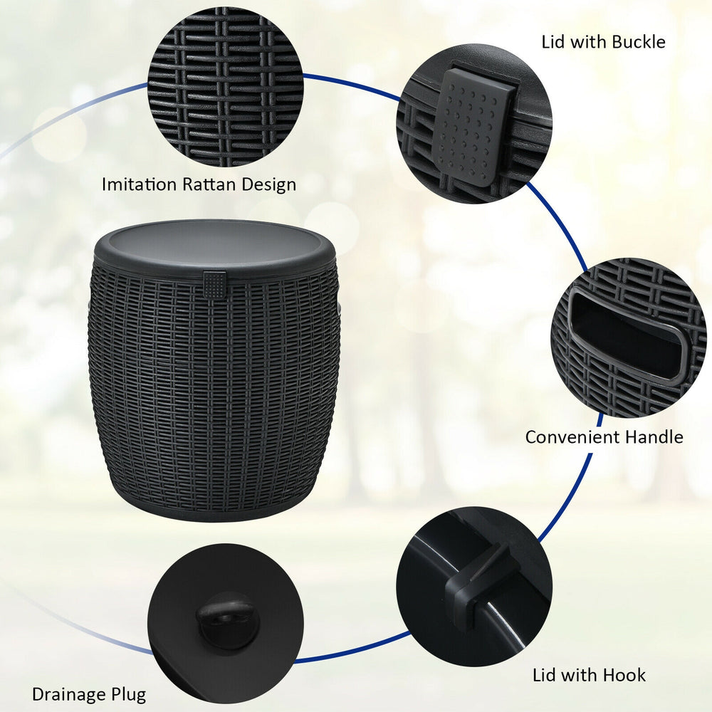 Black 9.5-gallon patio rattan cool bar with lid, handles, and drainage plug, ideal for outdoor gatherings and storage.