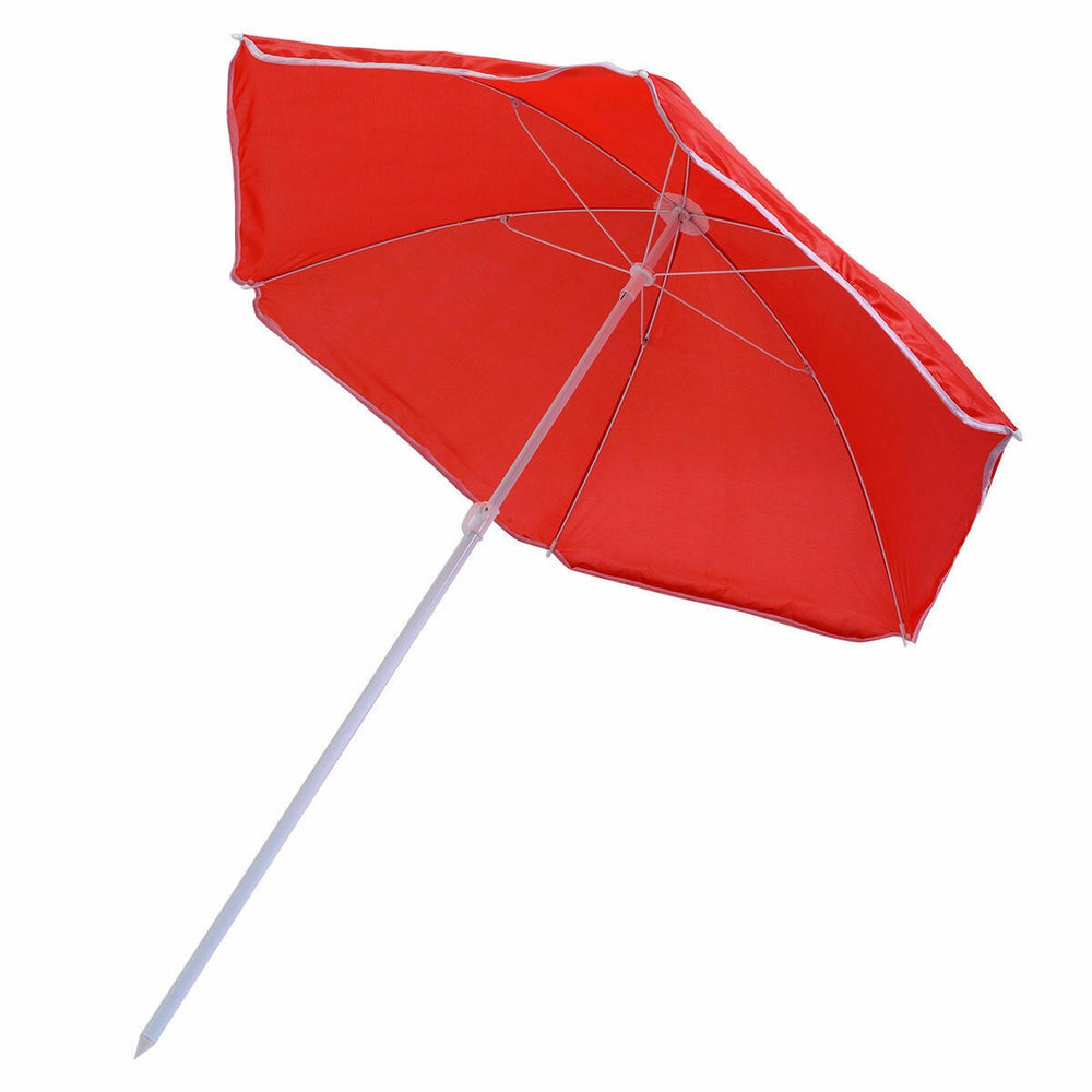 Red umbrella for kids picnic table set, made of durable nylon, providing shade for outdoor meals and playtime.