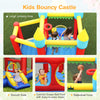 Colorful kids' inflatable bouncer with large jumping area, slide, and basketball hoop for outdoor fun.
