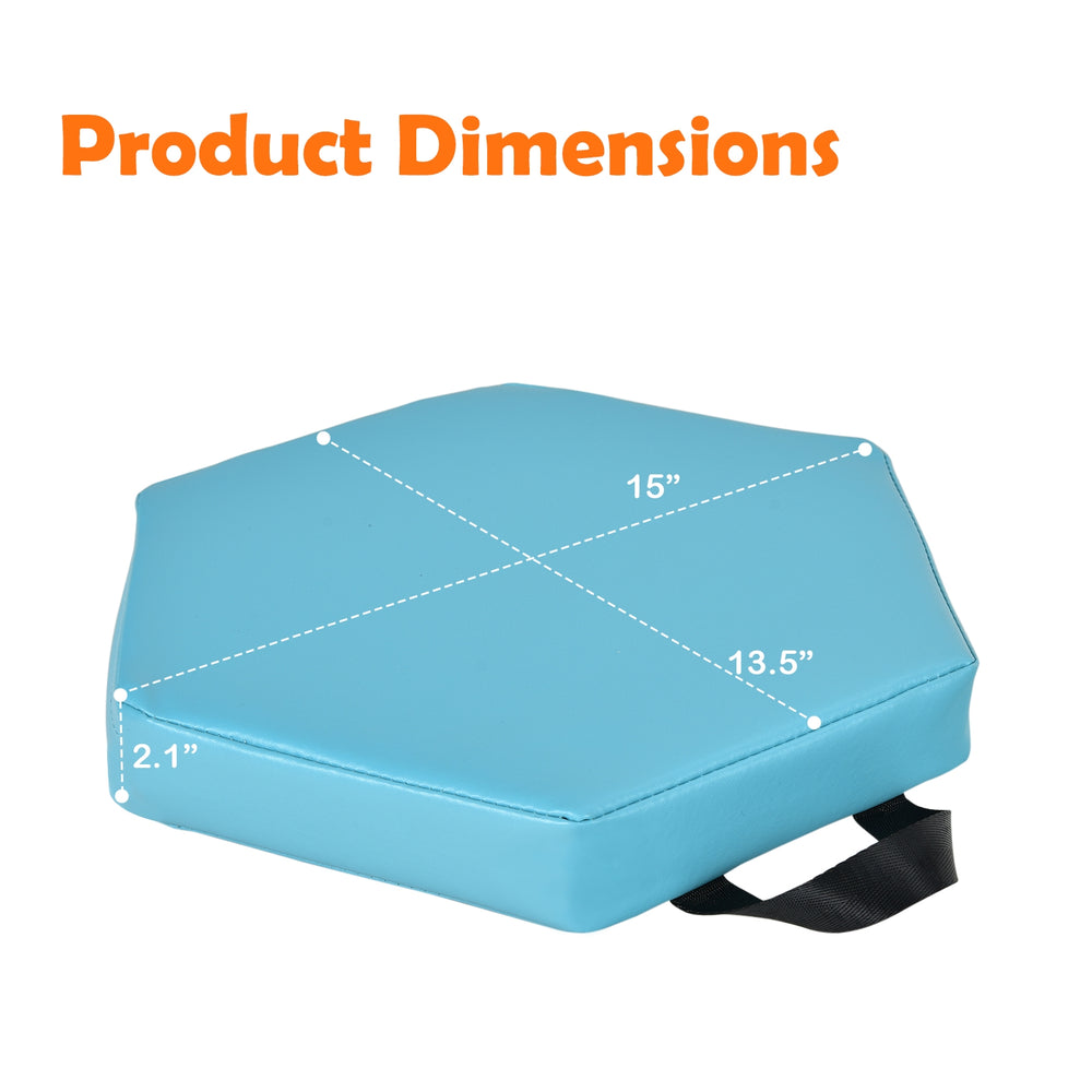Hexagon toddler floor cushion in blue, 15” x 13.5”, waterproof PU cover, ideal for classroom seating and easy to carry.