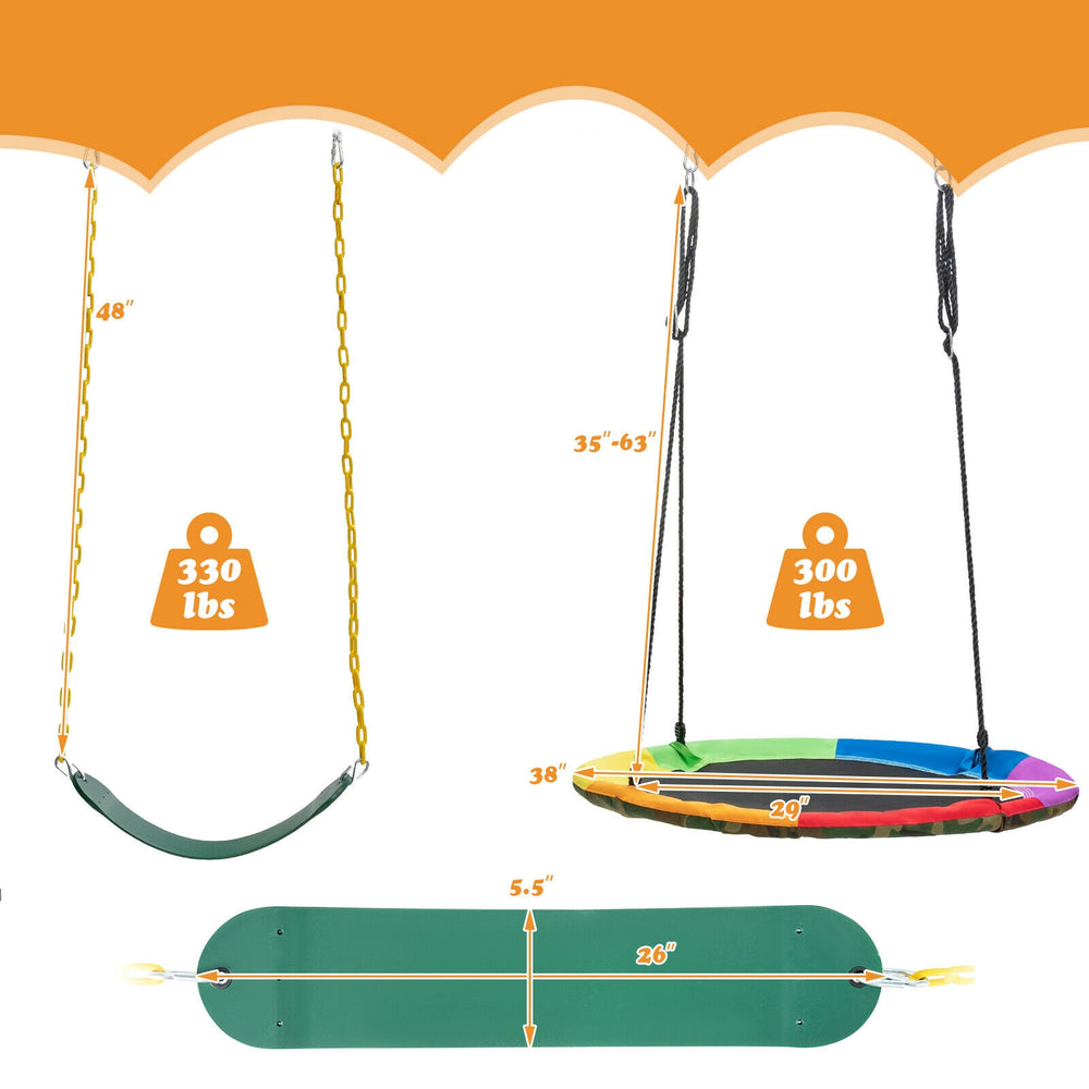 Two swing seats including a U-shaped swing and a colorful saucer swing, both durable and adjustable for outdoor fun.