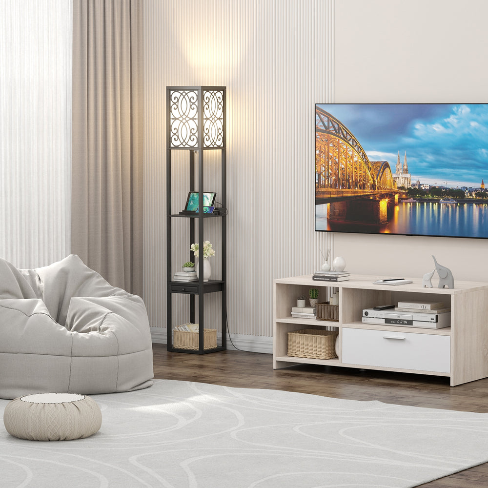 Modern standing shelf lamp with power outlet and USB ports, featuring three open shelves for convenient storage.