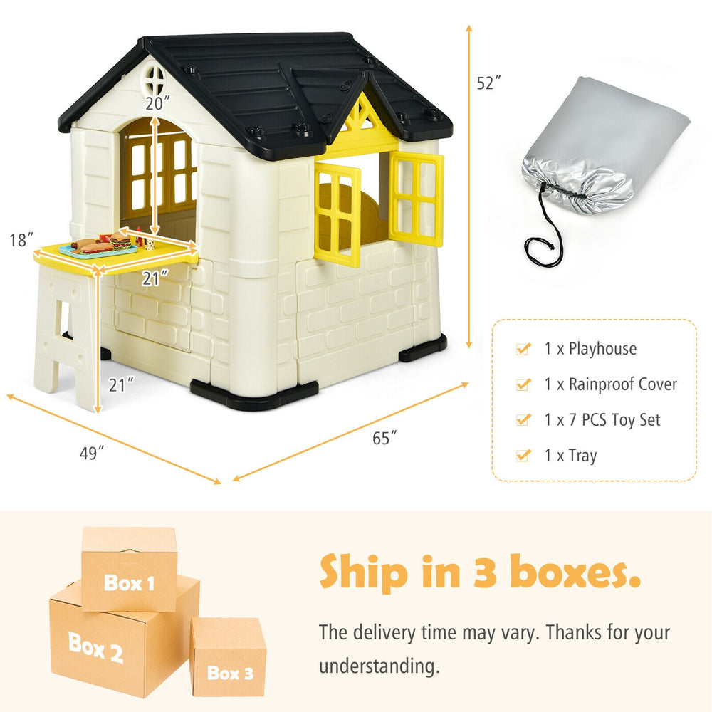 Kid’s playhouse toy set in yellow with windows and doors, includes waterproof cover, perfect for indoor and outdoor fun.