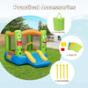 Brightly colored inflatable bounce house with slide, built-in basketball hoop, and carrying bag for kids' outdoor fun.