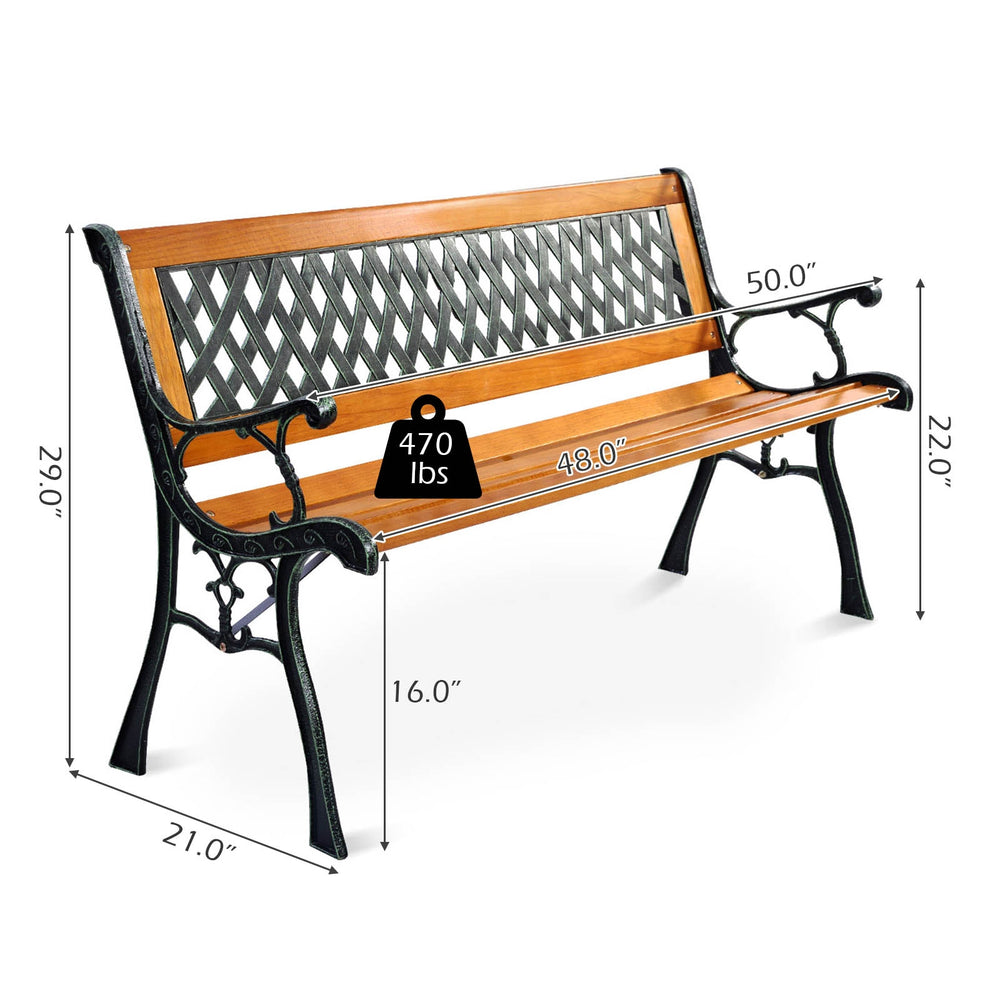 Outdoor cast iron patio bench with solid wood seat, dimensions 50" x 22" x 29", supports up to 470 lbs for comfortable.