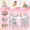Kids table and 4 chairs set in white, designed for activities, with rounded corners for safety and sturdy wooden.