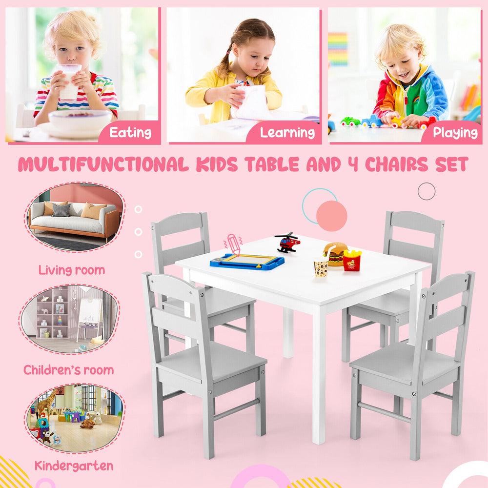 Kids table and 4 chairs set in white, designed for activities, with rounded corners for safety and sturdy wooden.