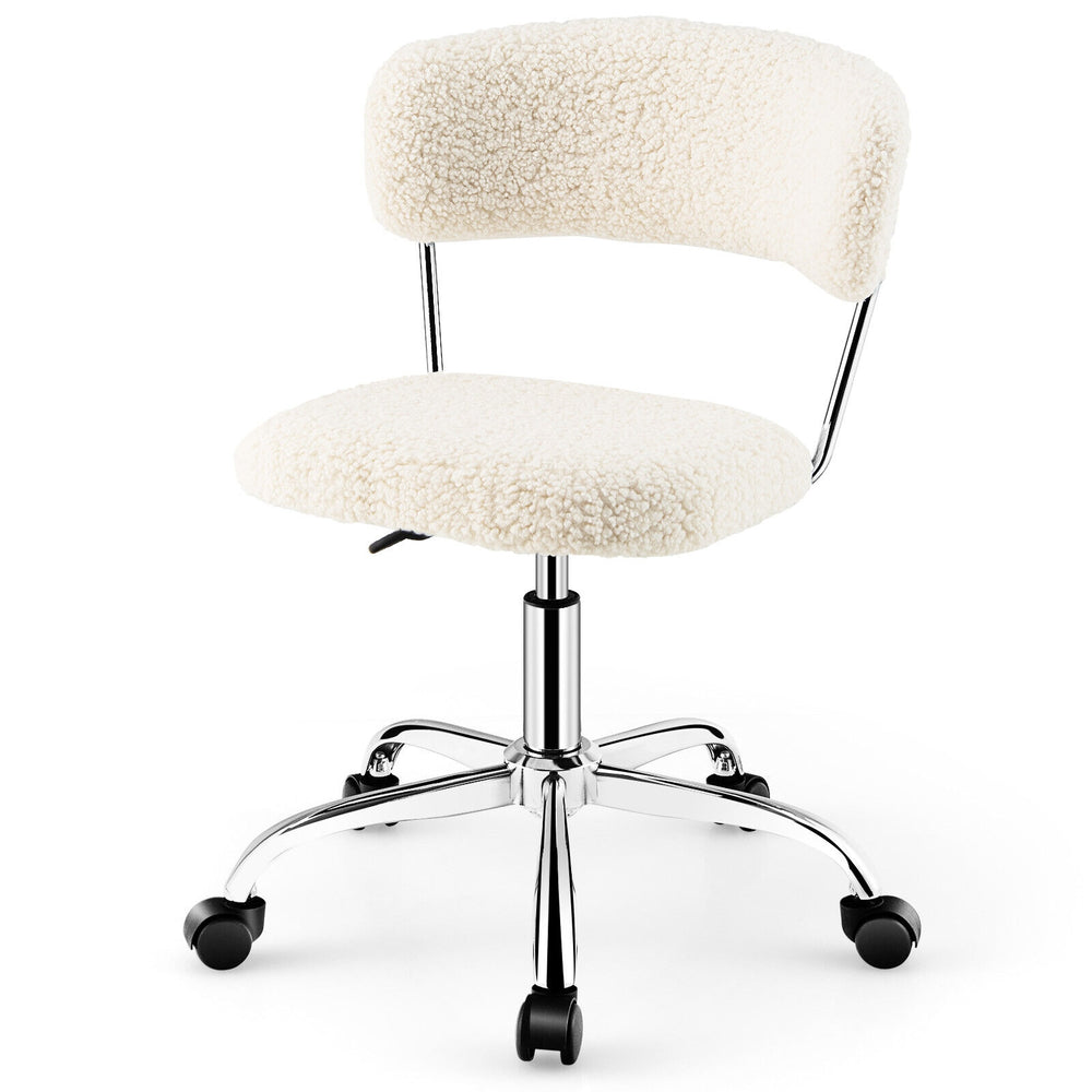White Sherpa swivel chair featuring a cozy padded seat and sturdy chrome base, ideal for home offices or vanity setups.