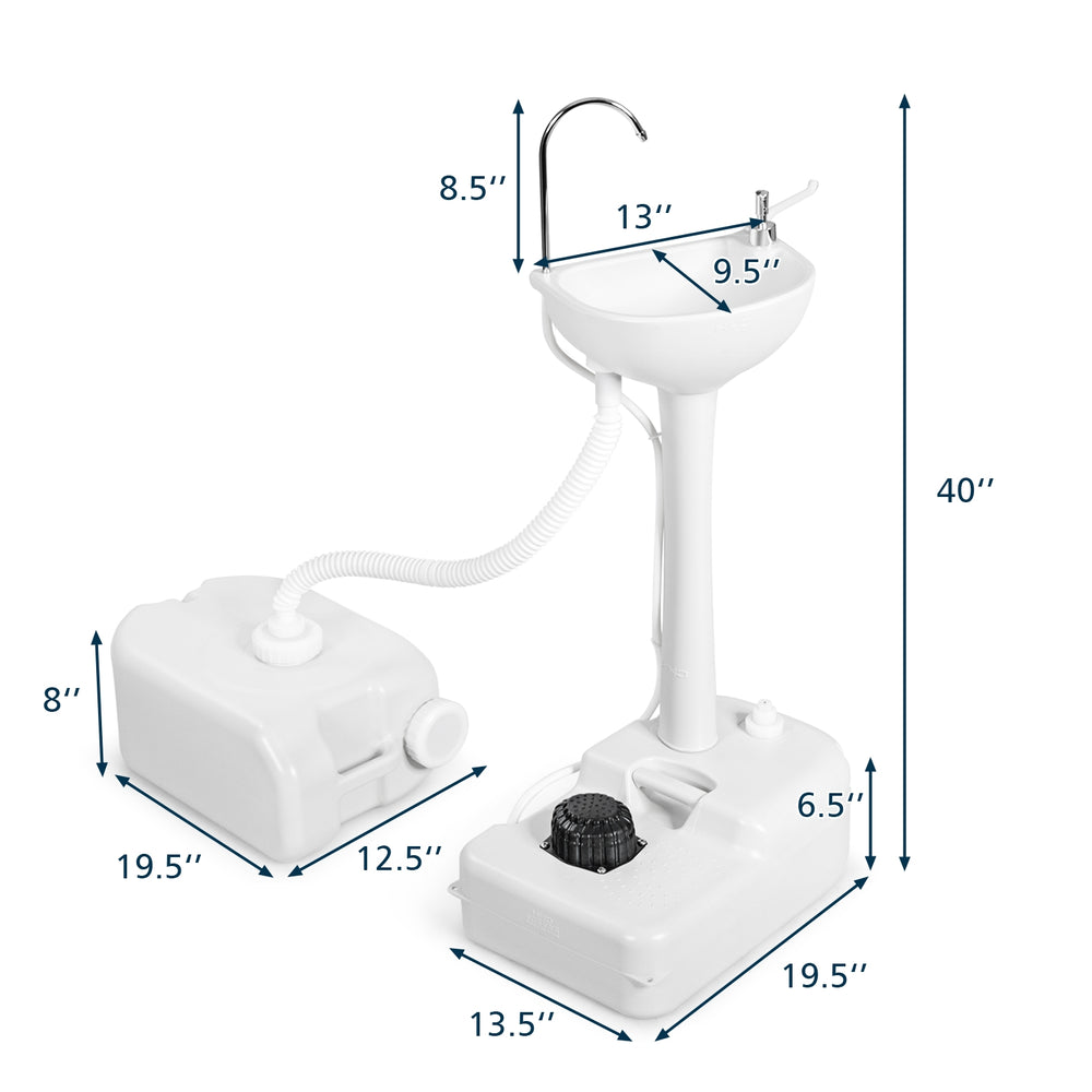 Camping hand wash station with 4.5-gallon tank, featuring a soap dispenser and telescopic hose for easy hygiene access.
