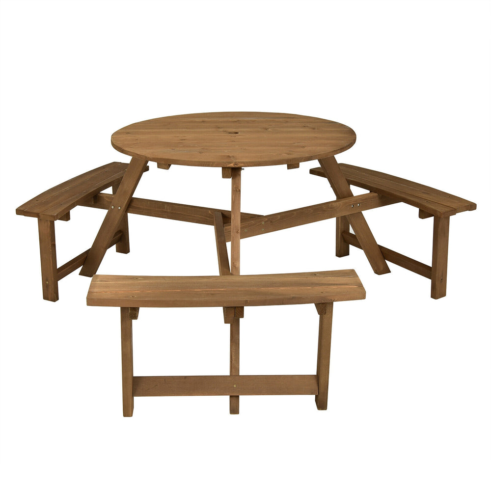 Side view of the 6-person round wooden picnic table with three built-in benches, showcasing its sturdy construction for.