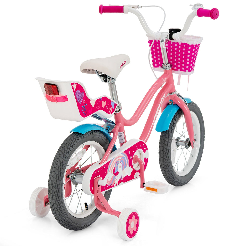 Kids bicycle with training wheels and basket, 14-inch, pink design, perfect for ages 3-9 for fun outdoor adventures.