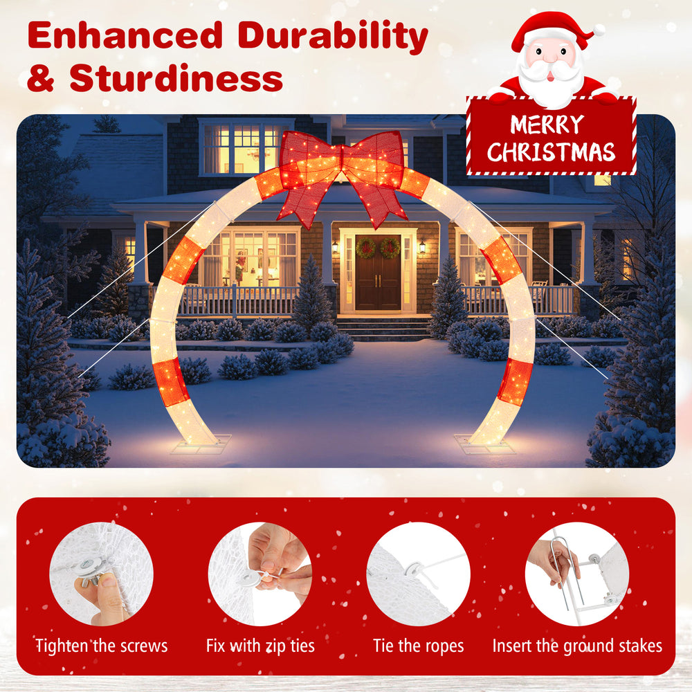 Detail of the sturdy metal frame and warm white LED lights on the 10.4 feet Christmas archway, enhancing outdoor.