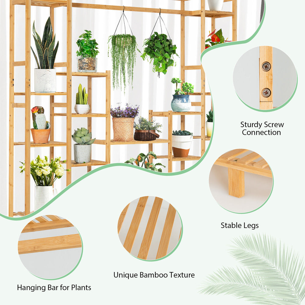 9-tier bamboo plant stand featuring a hanging rack, sturdy screw connection, and unique bamboo texture for versatile.