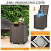 Brown rattan propane tank holder and side table with lid, designed for outdoor use and storage convenience.