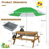 3-in-1 kids outdoor picnic table with green umbrella, removable play boxes for sand and water, ideal for yard fun.